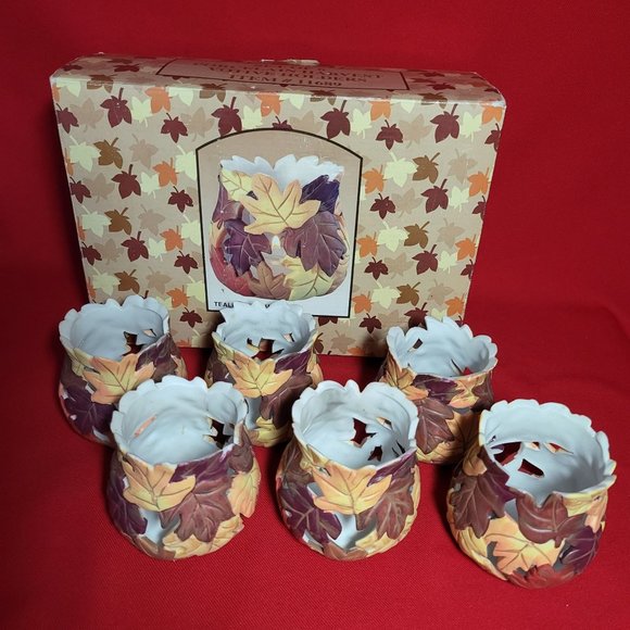 Porcelain Harvest Fall Leaves Tea Light Votive Candle Holder Set of 6 - Picture 1 of 12